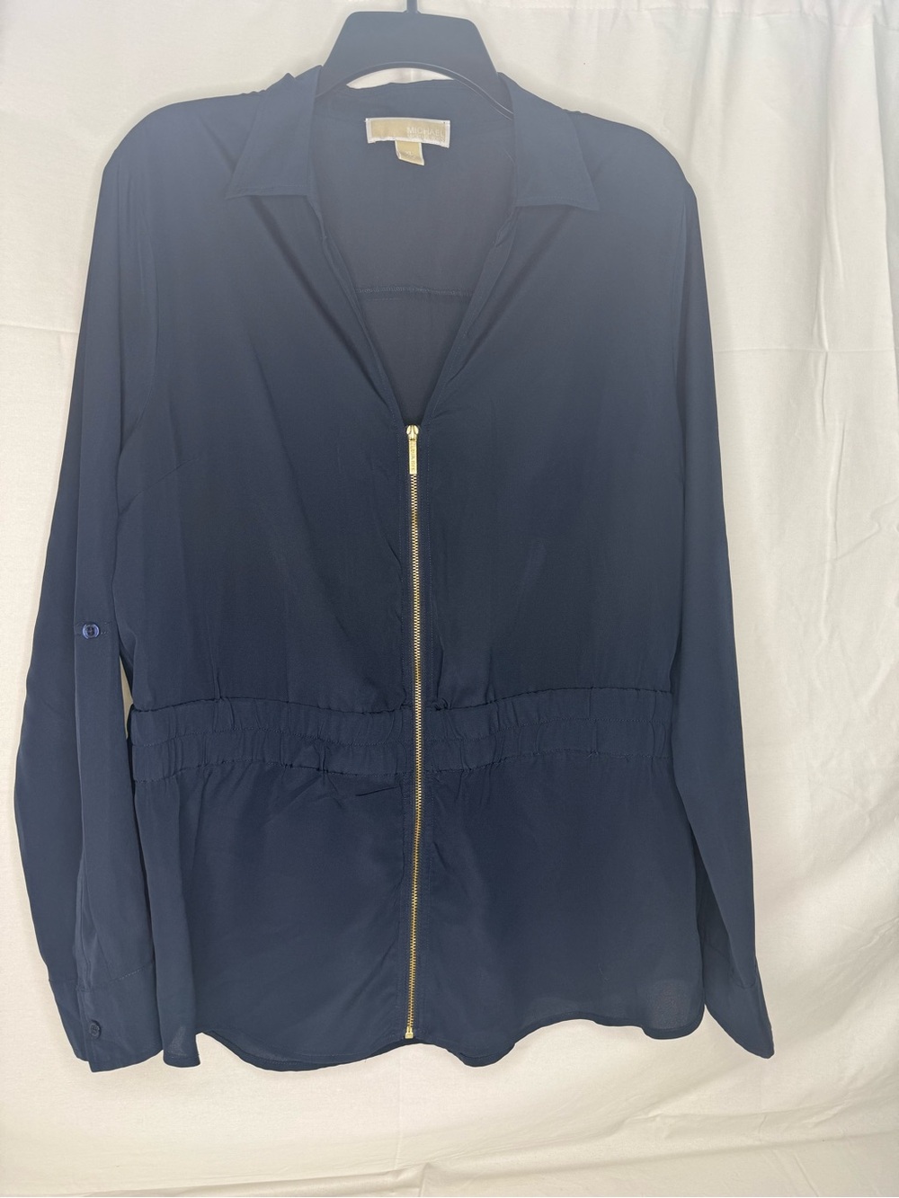 Michael Kors Navy Solid Collared Zip-Front Blouse Long Sleeve XL